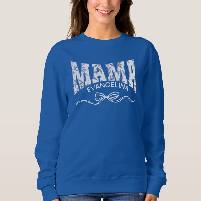 Sudadera Coquette MAMA de tela azul personalizada (Anverso)