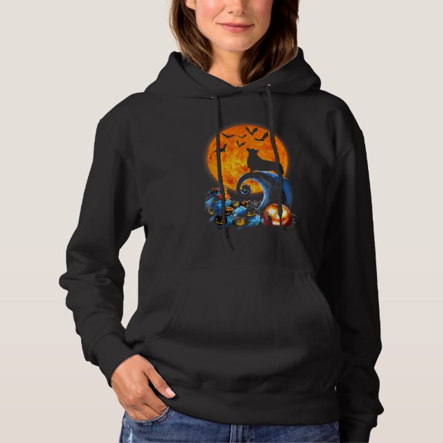 Sudadera Corgi Dog Silhouette Moon Pumpkin Bat Halloween (Anverso)