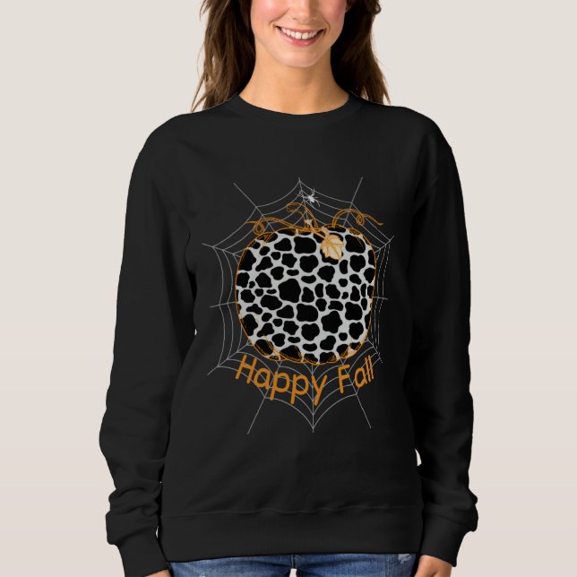 Sudadera Cow Print Pattern Pumpkin Spider Halloween Happy F (Anverso)