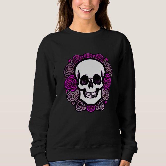 Sudadera Cráneo sonriente con gráfico de rosas rosadas y mo (Anverso)