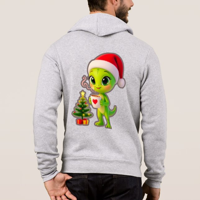 Sudadera **Cute 3D Green Alien in Santa Hat with Hot Chocol (Reverso)