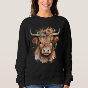 Sudadera Cute acuarela Highland Cow con flores - Bonito