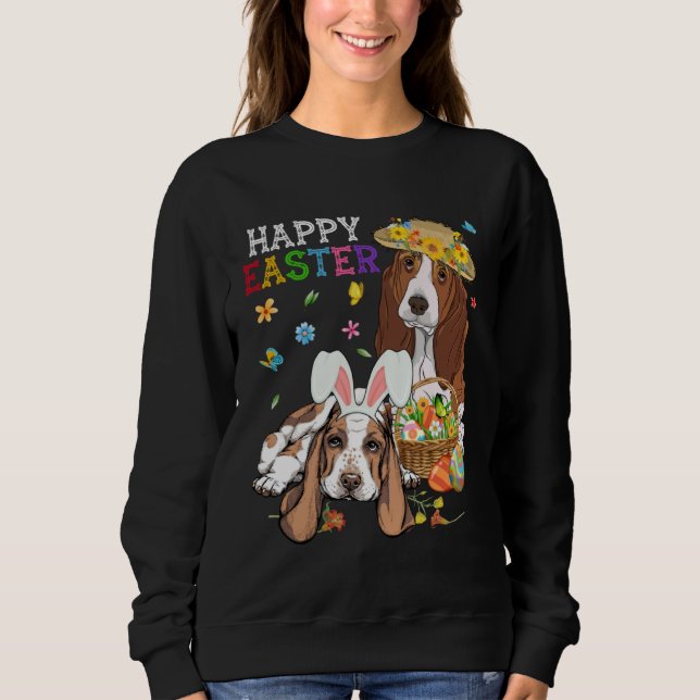 Sudadera Cute Basset Hound Dogs Easter Egg Basket Happy Eas (Anverso)