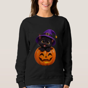 Sudadera Cute Black Cat Halloween Bruja Pumpkin Sticker Ell