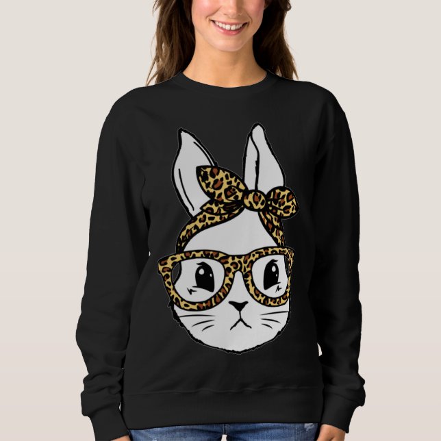 Sudadera Cute Bunny Rabbit Face Messy Bun Leopard Glasses G (Anverso)