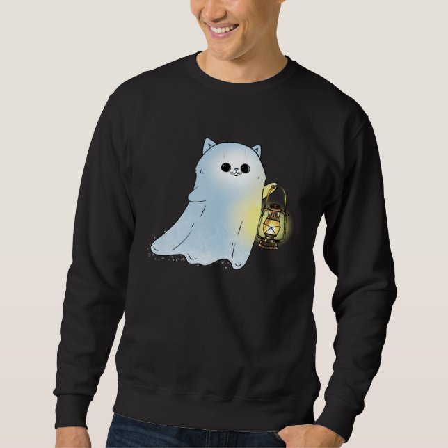 Sudadera Cute Cat Ghost With Lantern Spook Phantom Hallowee (Anverso)