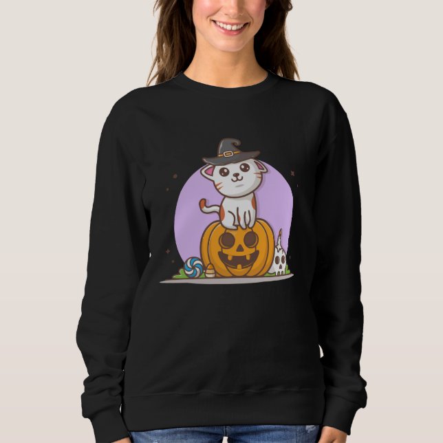 Sudadera Cute Cat in Witches Hat on Pumpkin with Candy  Hal (Anverso)