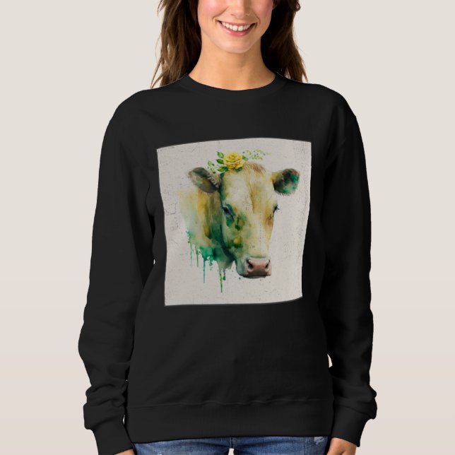 Sudadera Cute Cow Illustration Flowers Laefy Green Women Me (Anverso)
