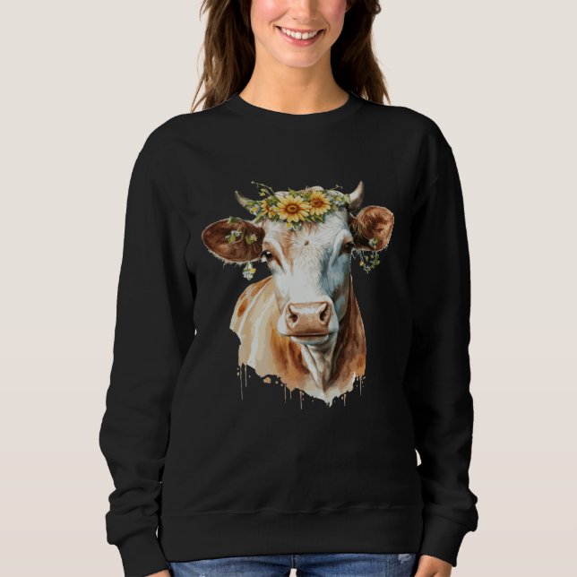 Sudadera Cute Cow Sunflower Watercolor Cattle Farm Animal (Anverso)
