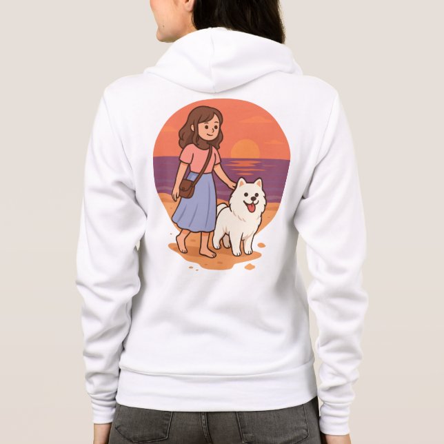 Sudadera Cute Dog Mom Walking Fluffy Pup on Sunset Beach  (Reverso)