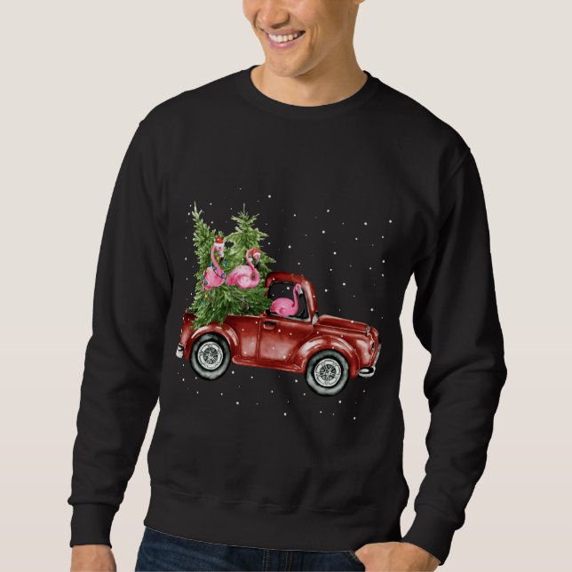 Sudadera Cute Flamingo Ride Wagon Red Truck Xmas Tree Funny (Anverso)