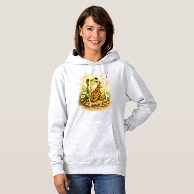 Sudadera Cute Frog Saxophone Hoodie – Kawaii Animal (Anverso completo)
