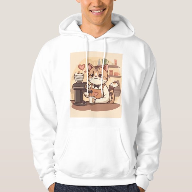 Sudadera Cute Funny Cozy Cartoon Barista Cat Hoodie T-shirt (Anverso)