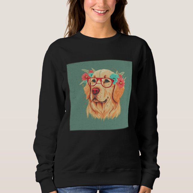 Sudadera Cute Golden Retriever Illustration Floral Glasses  (Anverso)