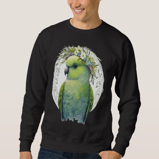 Sudadera Cute Green Budgie Parakeet Bird Flower Crown Pet B (Anverso)