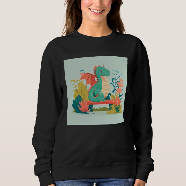 Sudadera Cute Green Dragon sitting on bench in a garden for (Anverso)