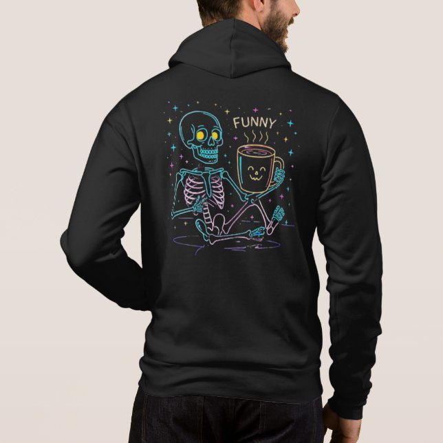 Sudadera Cute Neon Skeleton Drinking Coffee – Funny Pastel  (Reverso)
