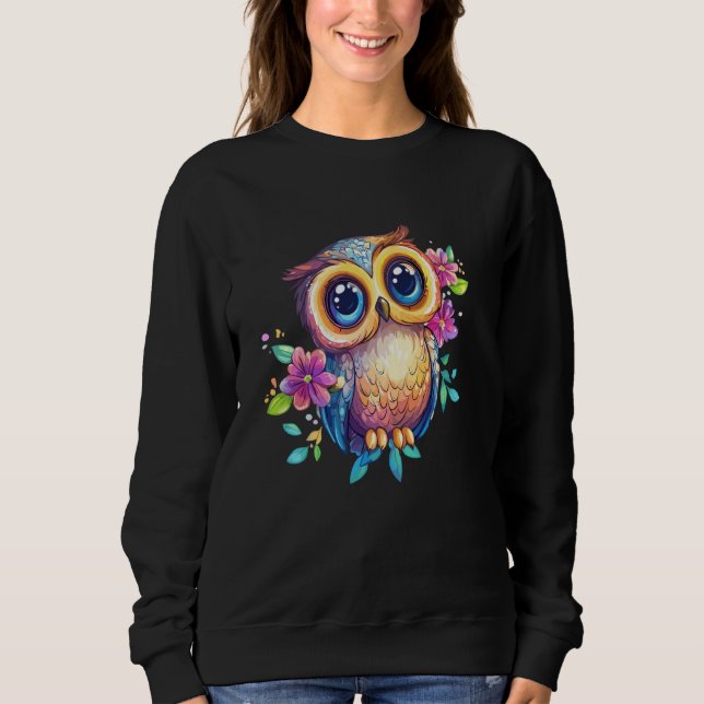 Sudadera Cute Pastel Owl with Flowers Big Eyes Boho Nature (Anverso)