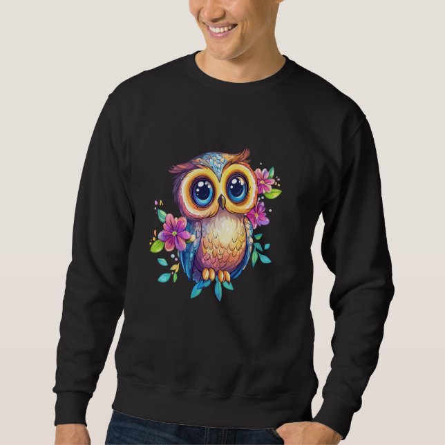Sudadera Cute Pastel Owl with Flowers Big Eyes Boho Nature (Anverso)