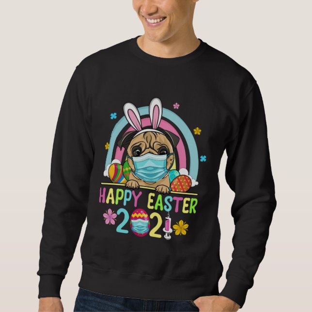 Sudadera Cute Pug Mask Bunny Ear Egg Basket Happy Easter Da (Anverso)
