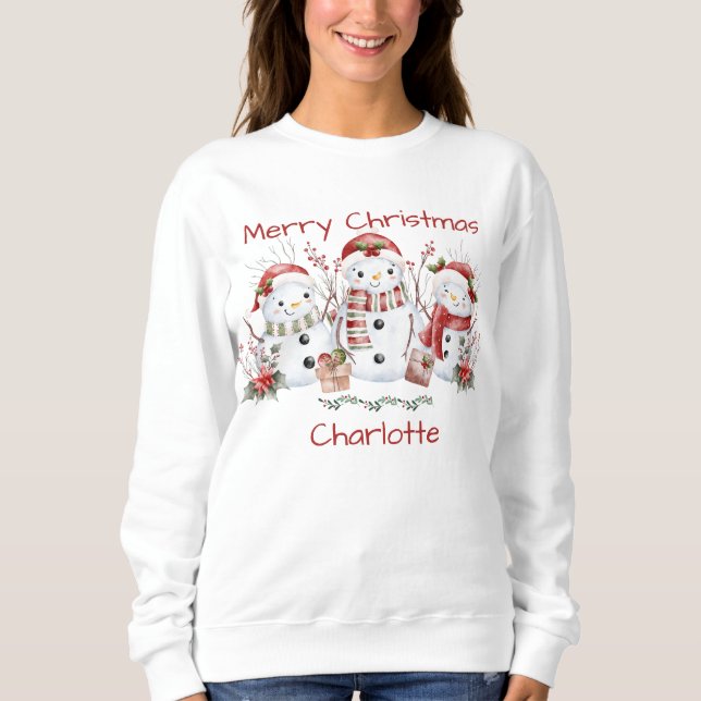 Sudadera Cute Snowman Feliz Navidad con nombre (Anverso)
