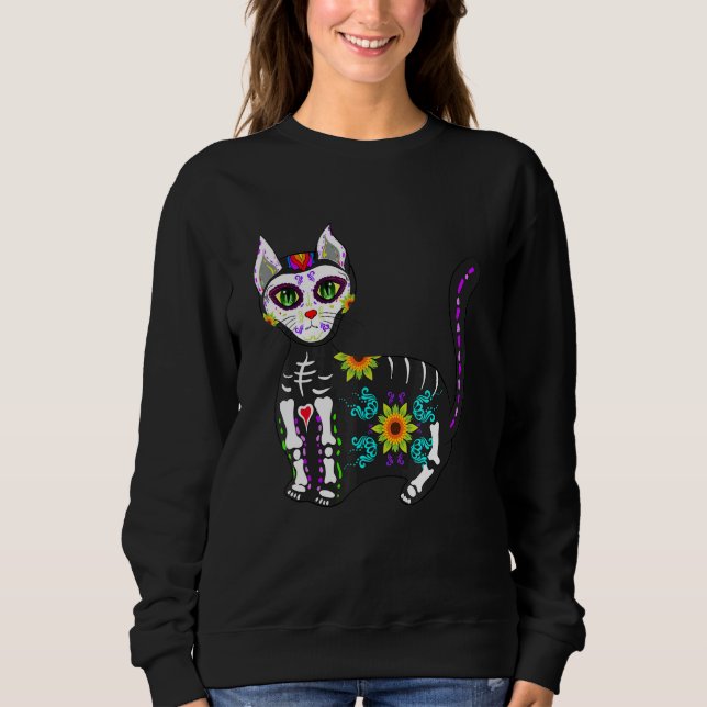 Sudadera Cute Sugar Skull Mexican Cat Halloween Day Of The  (Anverso)
