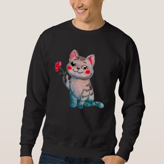 Sudadera Cute Watercolor Cat Holding Red Carnation Birth Fl (Anverso)