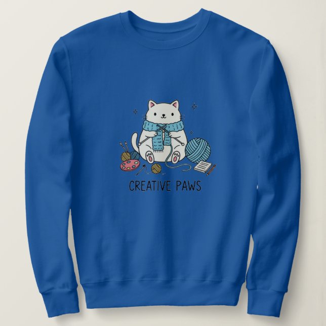 Sudadera Cute White Cat Knitting Blue Yarn Cozy Design (Anverso del diseño)