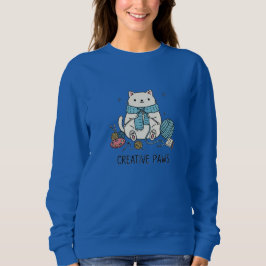 Sudadera Cute White Cat Knitting Blue Yarn Cozy Design
