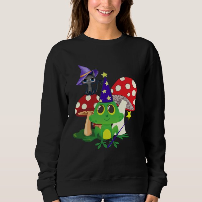 Sudadera Cute Wizard Frog and Witch Black Cat Mushrooms Hal (Anverso)