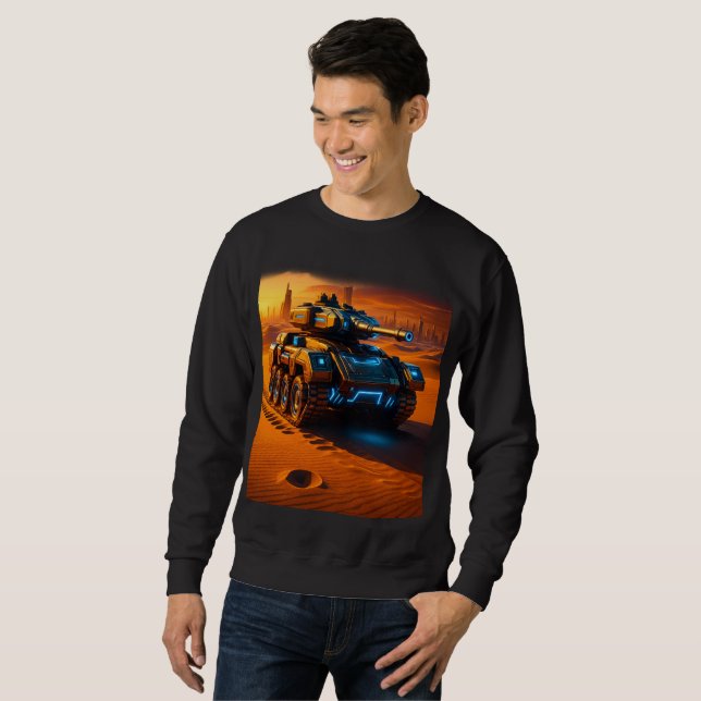 Sudadera Cyber Desert Tank – Black Sci-Fi Glow Sweatshirt (Anverso completo)