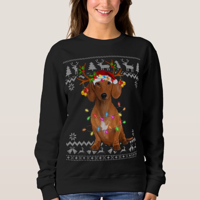 Sudadera Dachshund Árbol de Navidad Luz Santa Hat Perro (Anverso)