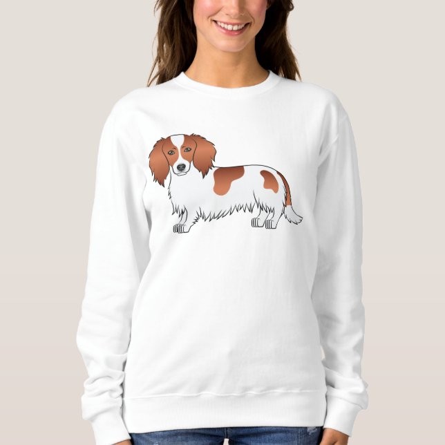 Sudadera Dachshund Cartoon Cute Pelo Largo Piebald Rojo (Anverso)