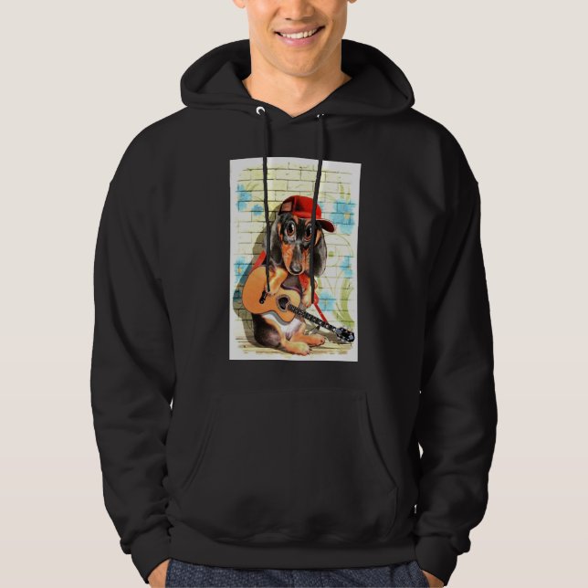 Sudadera Dachshund Perro Arte Con Guitarra Y Gorra (Anverso)