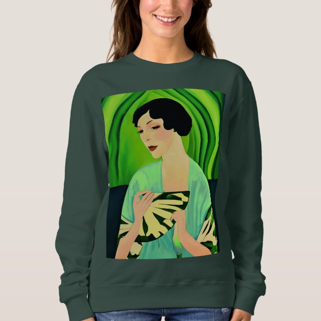 Sudadera Dama Art Déco con un abanico en verde jade (Anverso)