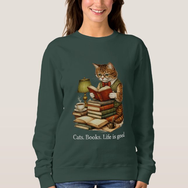 Sudadera de gato vintage leyendo libros para amant (Anverso)