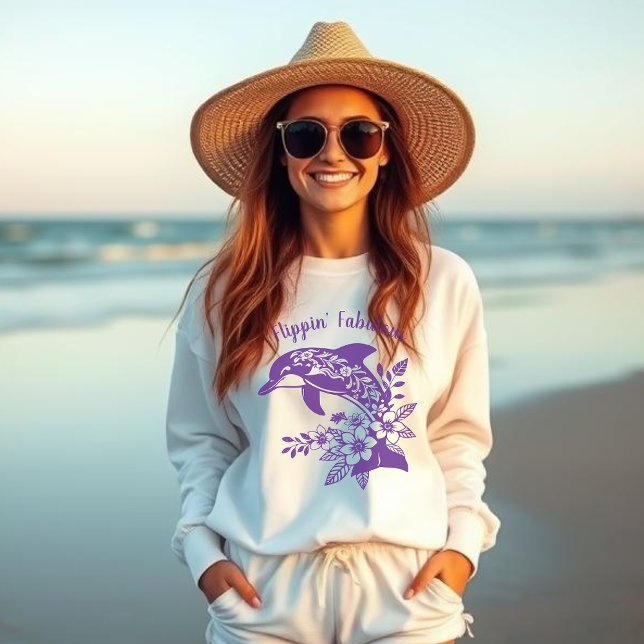 Sudadera Delfín hawaiano en fabuloso morado (Dolphin Hawaiian-Tropical Flowers-Flippin Fabulous-Fisherman Core-blue women sweatshirt)