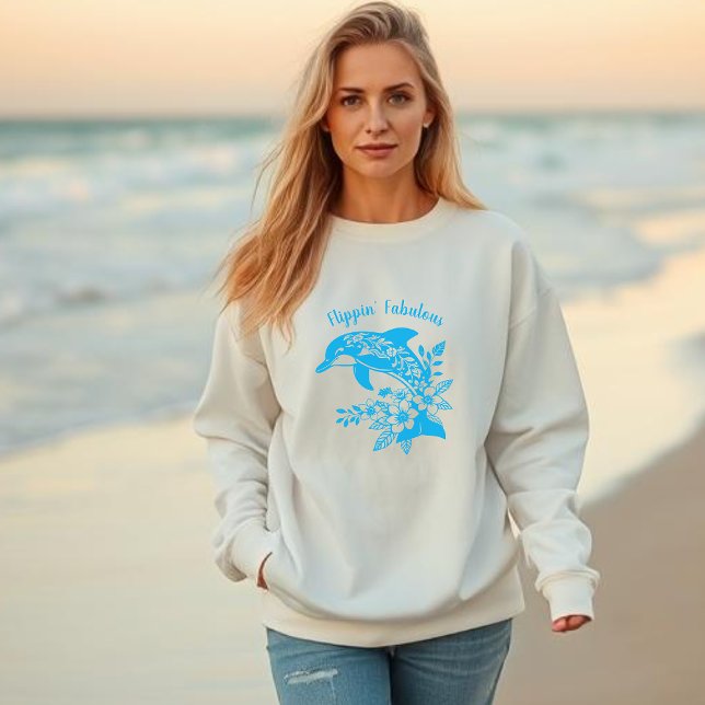 Sudadera Delfín hawaiano Flippin’ Fabulous Light Blue (Hawaiian Dolphin Tropical Flowers, Fisherman Trending Fashion, Islander, Summer, Beach, Woman)