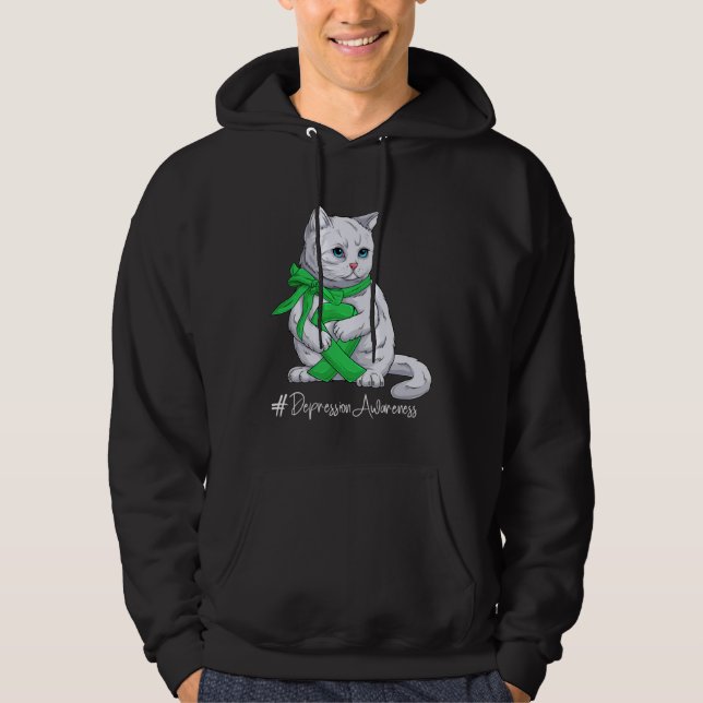 Sudadera Depression Awareness Month Green Ribbon Cat (Anverso)