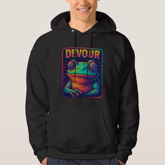 Sudadera DEVOUR – Hypnotic Retro Frog Pixel Art Design (Anverso)