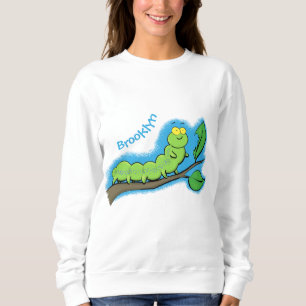 Sudadera Dibujo animado de oruga verde linda y feliz