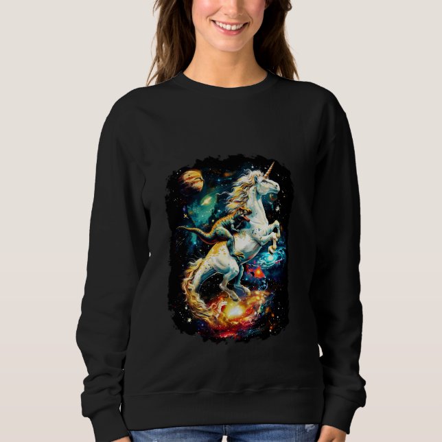 Sudadera Dinosaurio montando galaxia divertida Unicorn (Anverso)