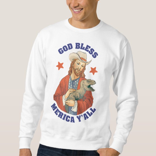 Sudadera Dios bendiga a Merica y a Jesús Dinosaurio Cowboy  (Anverso)