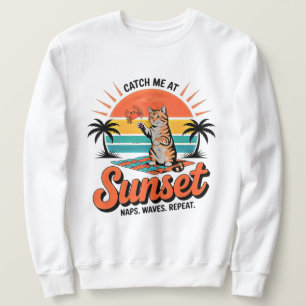 Sudadera Diseño de Gato de Verano Atardecer Retro Playa