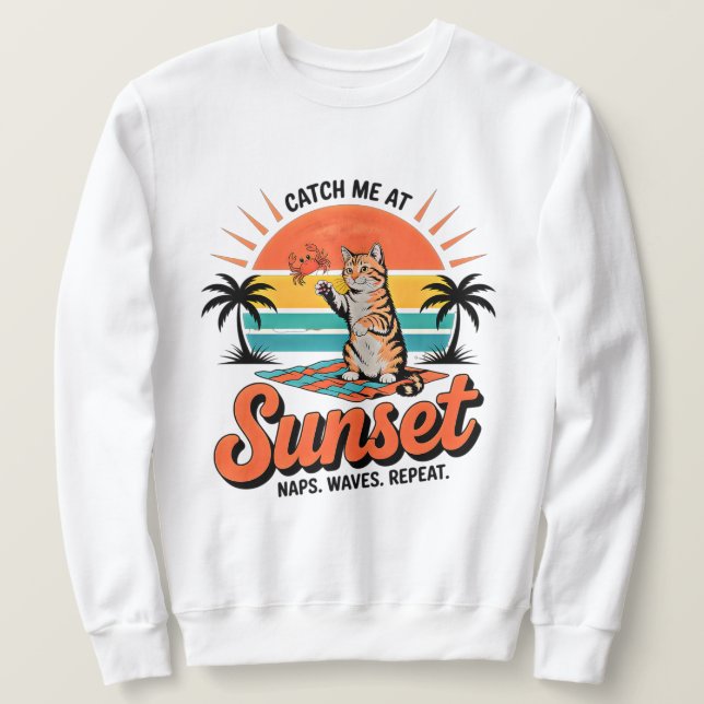 Sudadera Diseño de Gato de Verano Atardecer Retro Playa (Anverso del diseño)