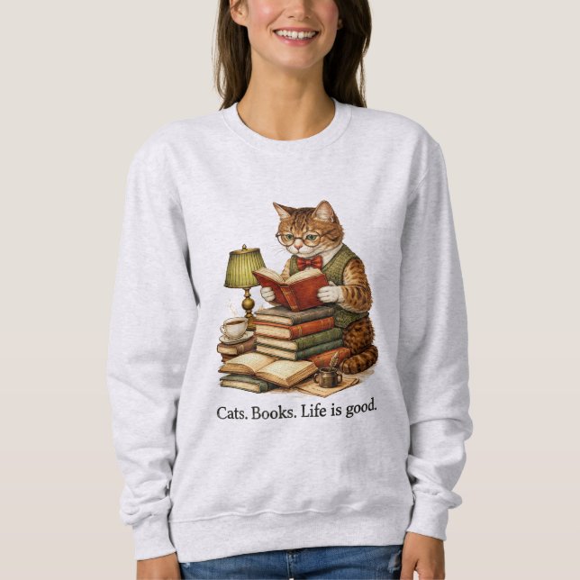 Sudadera divertida de gato leyendo libros – Diseño (Anverso)