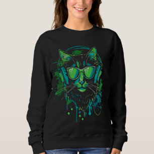 Sudadera DJ De Gato Verde Con Auriculares Y Gafas De Sol Ki