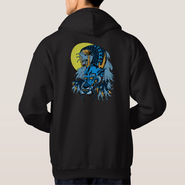 Sudadera Dragón de arte asiático azul luna llena (Reverso)
