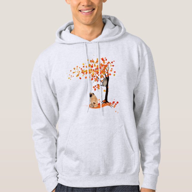 Sudadera Dueño De Pug Owl Y Fall Tree Pug Funny Pug Otoño (Anverso)