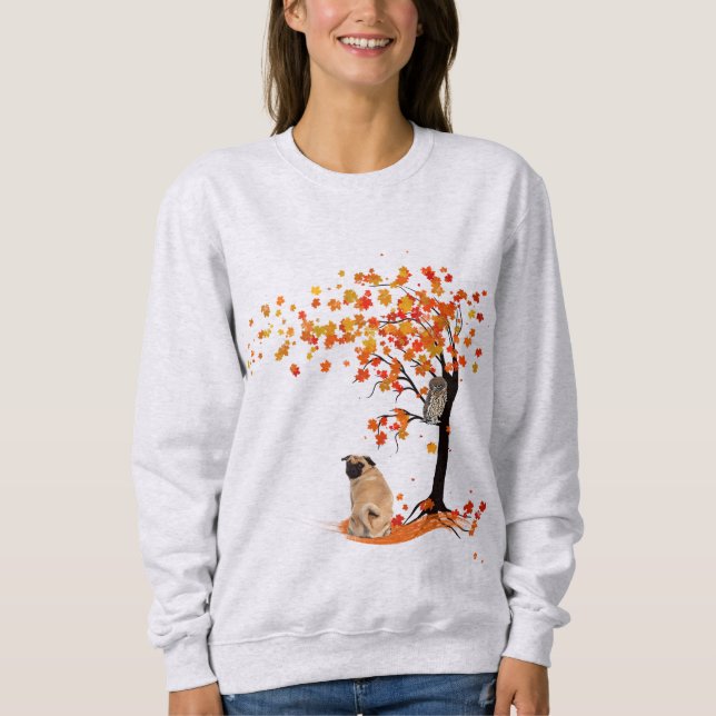 Sudadera Dueño De Pug Owl Y Fall Tree Pug Funny Pug Otoño (Anverso)